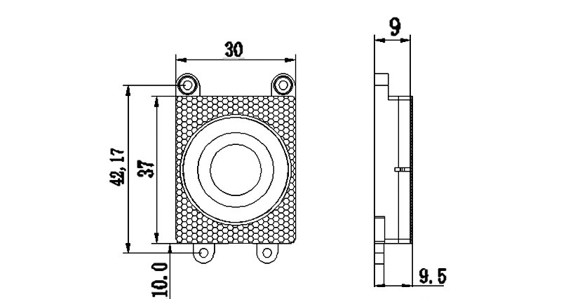 37×30×9.5H mm 带腔体扬声器单元 4Ω 2W/3W - Dimensions (XDEC 腔体扬声器)
