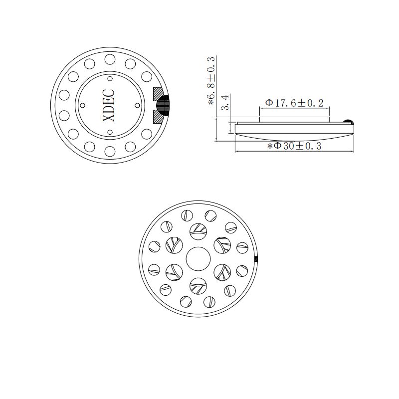 30×6.8H mm 耳机扬声器单元 32Ω 20mW/30mW - Dimensions (XDEC 耳机扬声器)