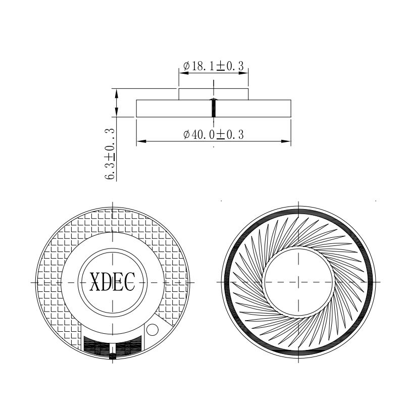 40×6.3H mm 耳机扬声器 32Ω 50mW/80mW - Dimensions (XDEC 耳机扬声器)