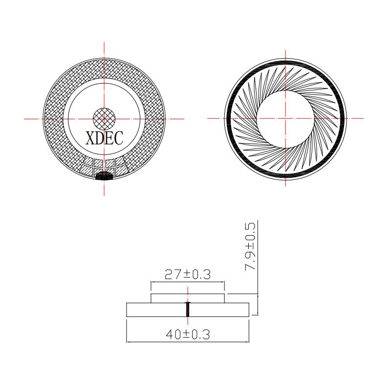 40×8.0H mm 耳机扬声器单元 32Ω 30mW/50mW - Dimensions (XDEC 耳机扬声器)