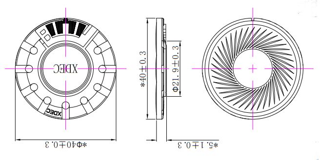 40×5.1H mm 头戴耳机喇叭 32Ω 30mW/40mW - Dimensions (XDEC 耳机扬声器)