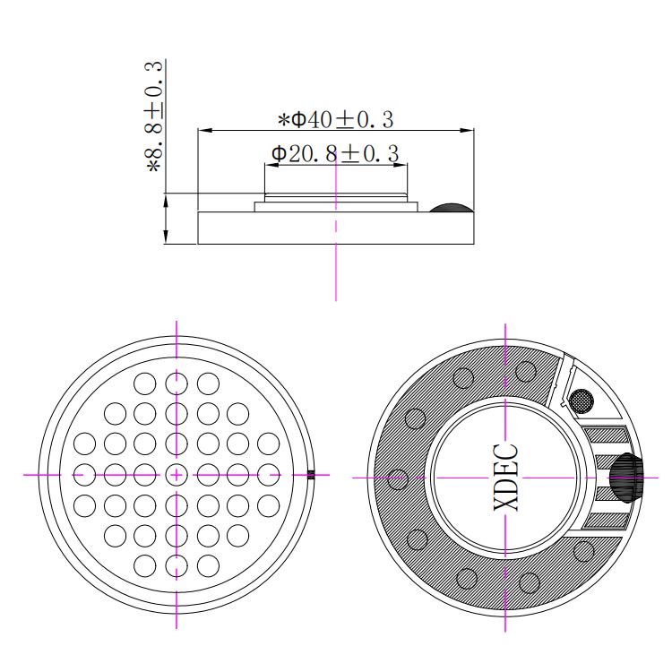 40×12.7H mm 耳机扬声器单元 32Ω 20mW/30mW - Dimensions (XDEC 耳机扬声器)