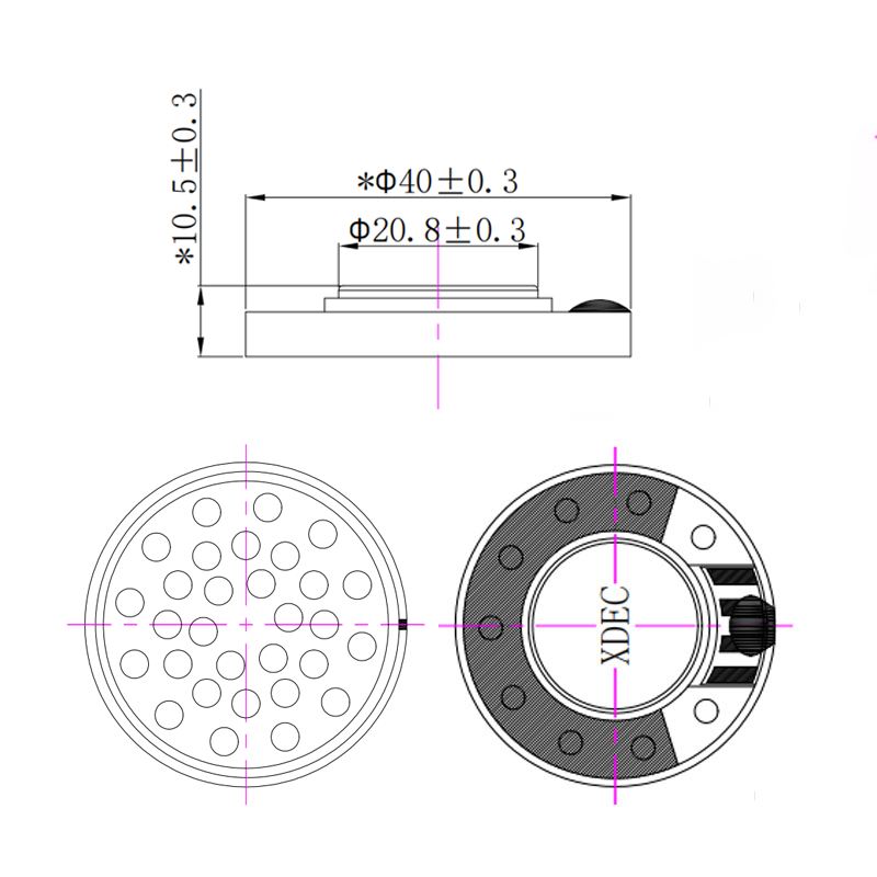 40×10.5H mm 耳机发声单元 32Ω 30mW/40mW - Dimensions (XDEC 耳机扬声器)