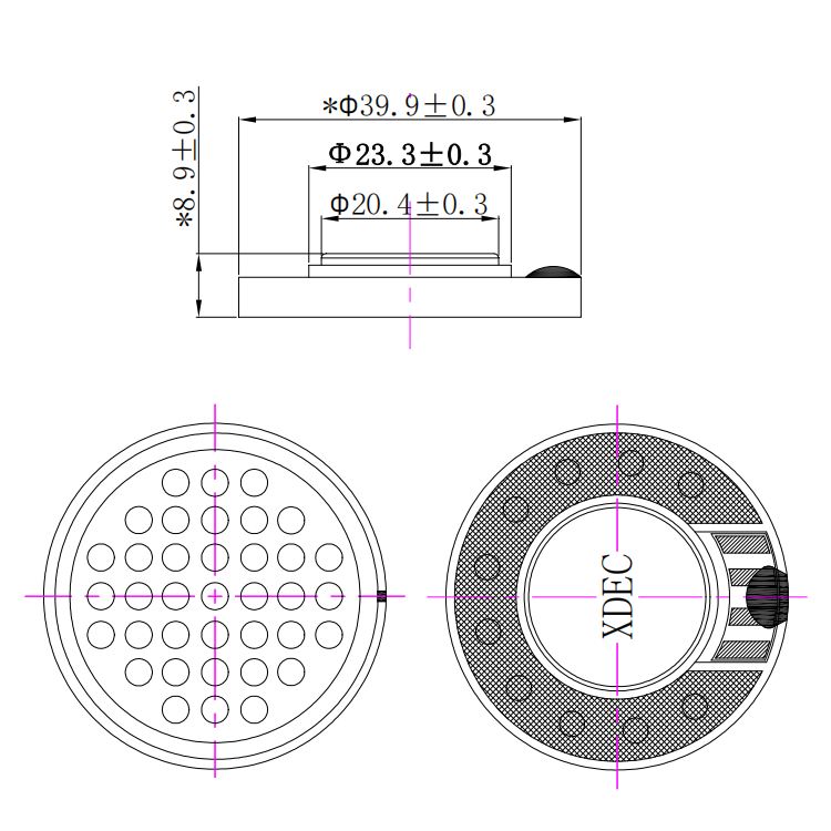 40×8.9H mm 耳机喇叭 32Ω 40mW/50mW - Dimensions (XDEC 耳机扬声器)