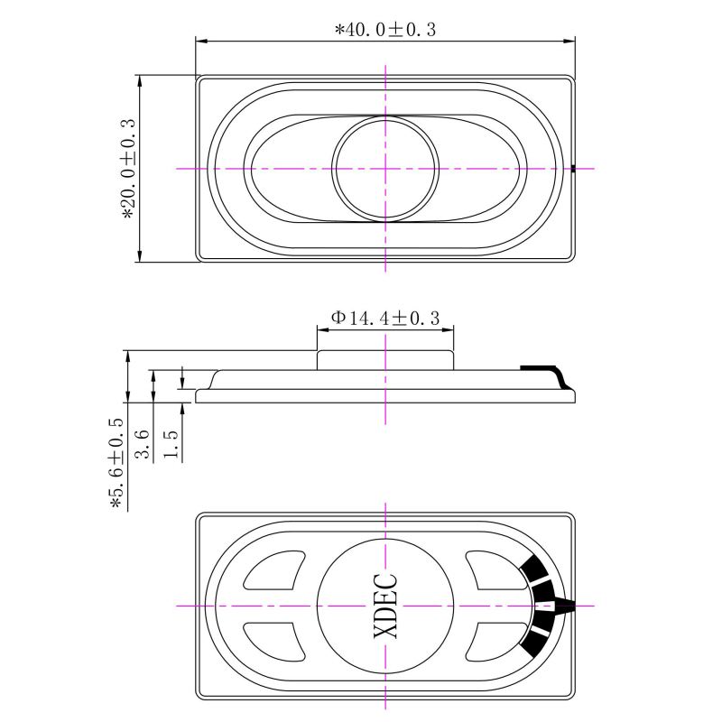 20×40×5.6H mm 微型喇叭 8Ω 1W/1.5W - Dimensions (XDEC 微型扬声器)