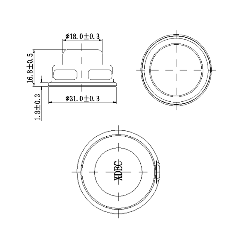 Multimedia Speaker Driver diameter 31mm (1.22"), height 17.5mm (0.69"), 4Ω 2W/3W - Dimensions (XDEC Multimedia Speaker Driver)