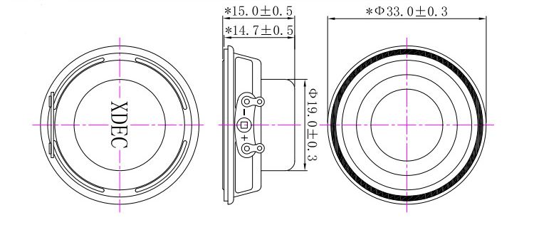 33×14.9H mm 内磁多媒体喇叭 4Ω 3W/5W - Dimensions (XDEC 多媒体扬声器)
