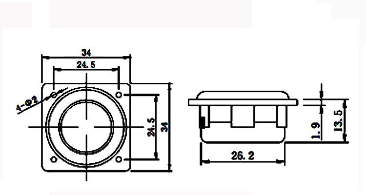 34×34×13.5H mm 多媒体音箱喇叭 8Ω 2W/3W - Dimensions (XDEC 多媒体扬声器)