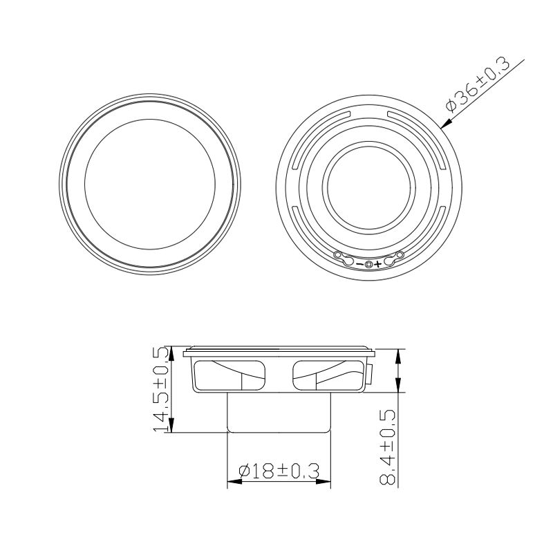 36×14.5H mm 多媒体音箱喇叭 8Ω 2W/3W - Dimensions (XDEC 多媒体扬声器)
