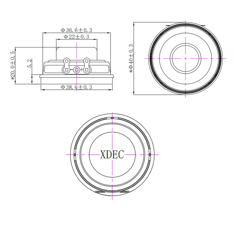 40×20H mm 多媒体扬声器单元 4Ω 5W/6W - Dimensions (XDEC 多媒体扬声器)
