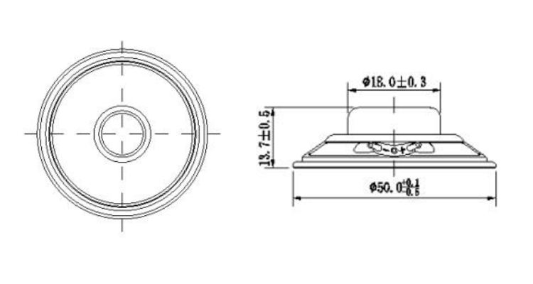 Multimedia Speaker Unit diameter 50mm (1.97"), height 13.7mm (0.54)", 4Ω 3W/5W - Dimensions (XDEC Multimedia Speaker Driver)