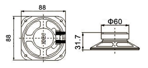 Waterproof Internal Magnet Speaker Driver 88x88x31.7mm (3.46"x3.46"x1.25"), 8Ω 15W/20W - Dimensions (XDEC Multimedia Speaker Driver)