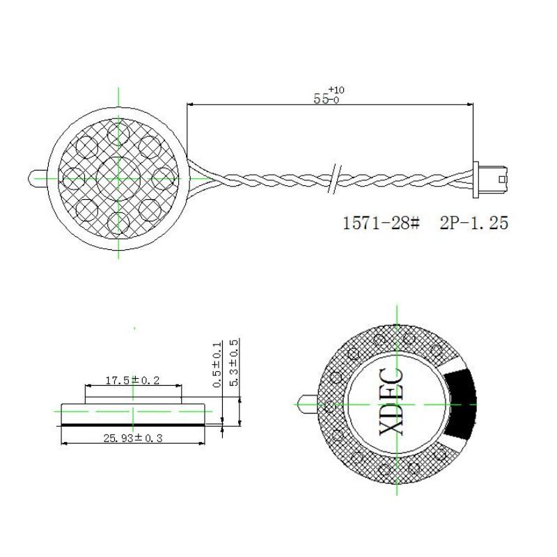 26×5.5H mm 纸盆喇叭单元 8Ω 1W/1.2W - Dimensions (XDEC 麦拉扬声器)