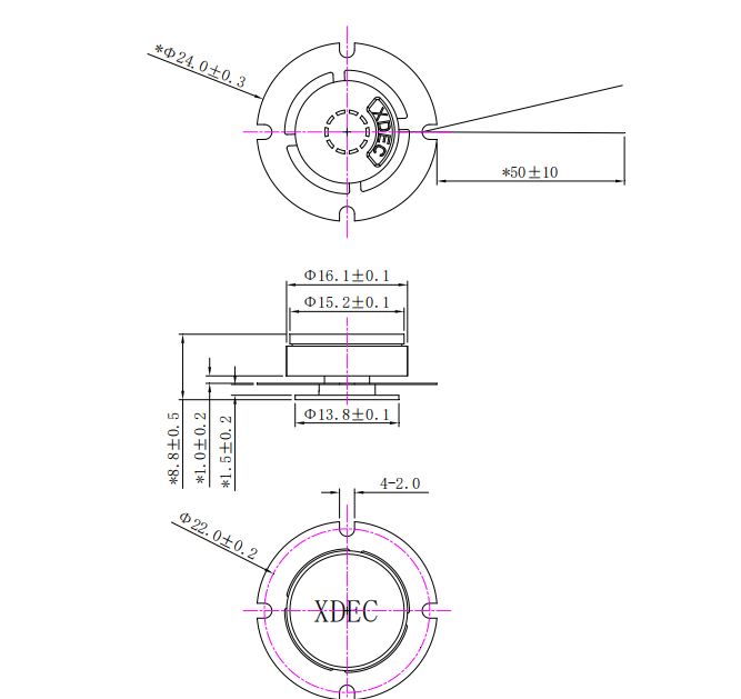 24×8.8H mm 体感振动器 8Ω 1W/1.5W - Dimensions (XDEC 振动扬声器)