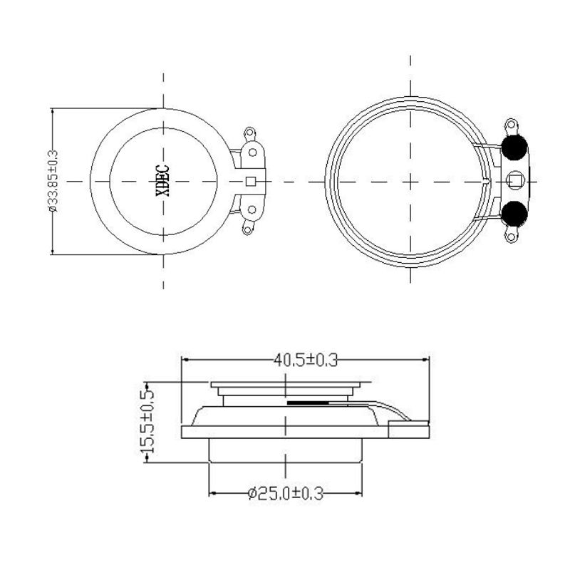 33×15.5H mm 振动扬声器 4Ω 3W/4W - Dimensions (XDEC 振动扬声器)